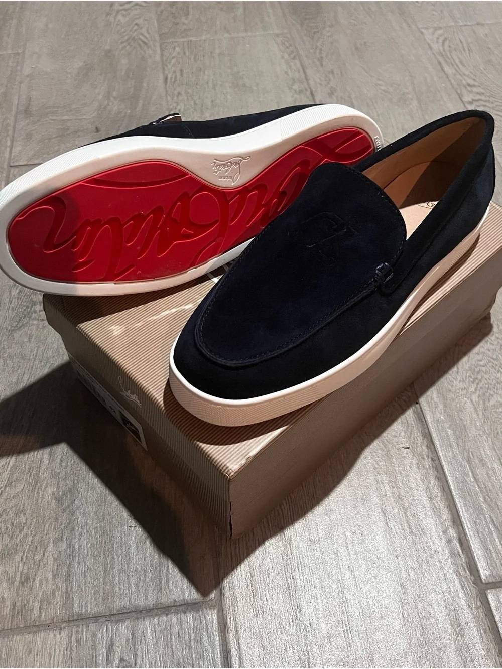 Christian Louboutin Navy Suede Slip-On Loafers with White Sole